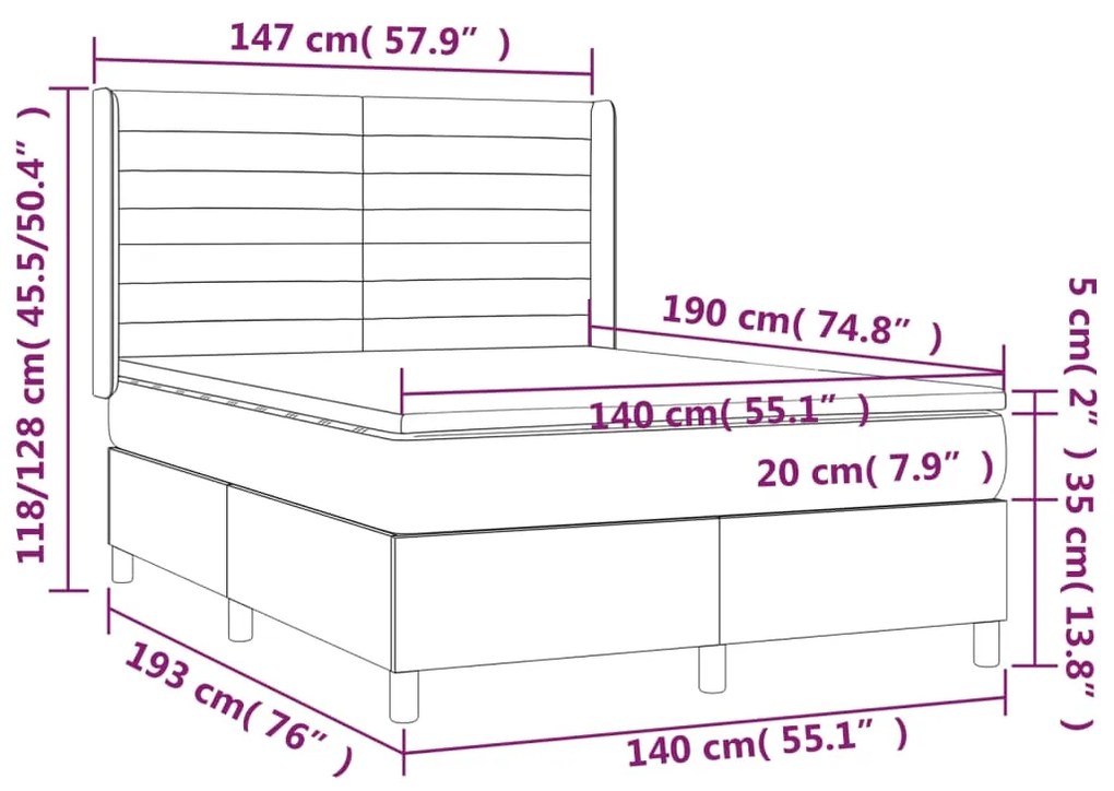 Cama box spring c/ colchão e LED 140x190 cm tecido cinza-claro