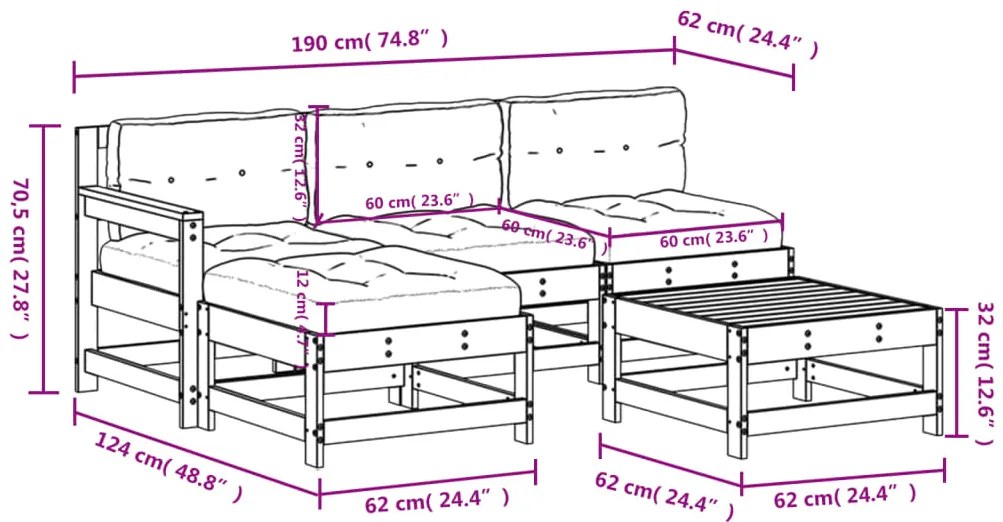 5 pcs conjunto lounge de jardim c/ almofadões pinho impregnado