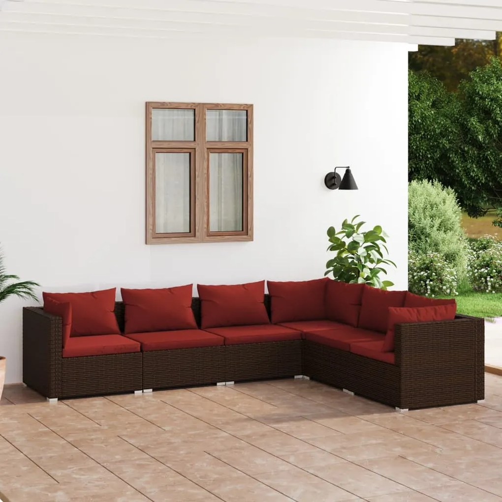 vidaXL 6 pcs conjunto lounge jardim c/ almofadões vime PE castanho