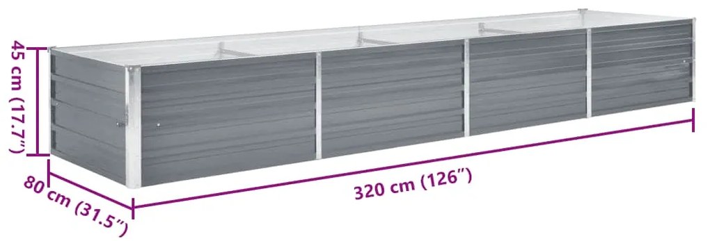 Canteiro elevado de jardim aço galvanizado 320x80x45cm cinzento