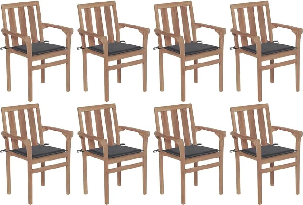 vidaXL Cadeiras de jardim empilháveis c/ almofadões 8 pcs teca maciça