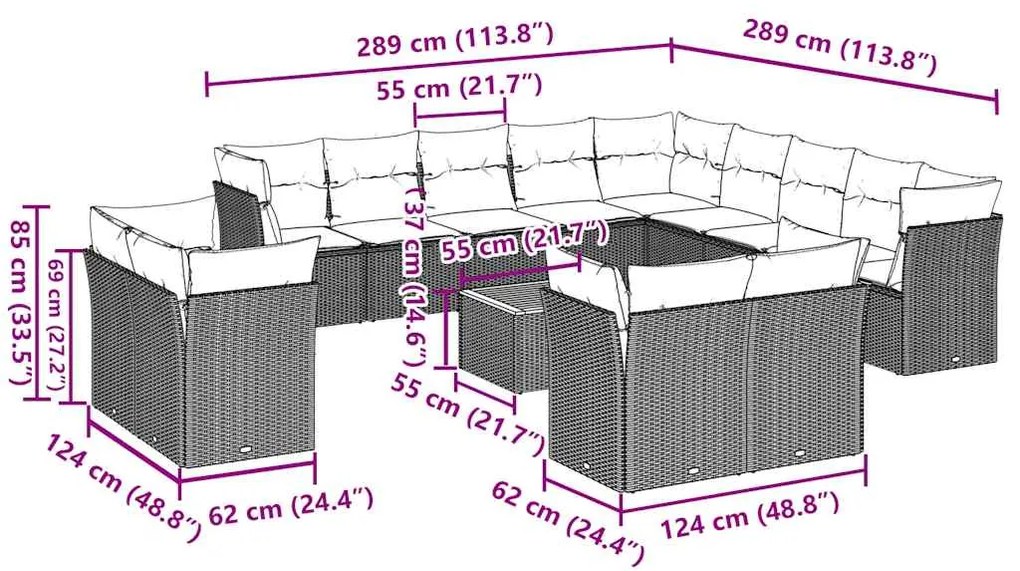 14 pcs conjunto sofás p/ jardim c/ almofadões vime PE cinzento