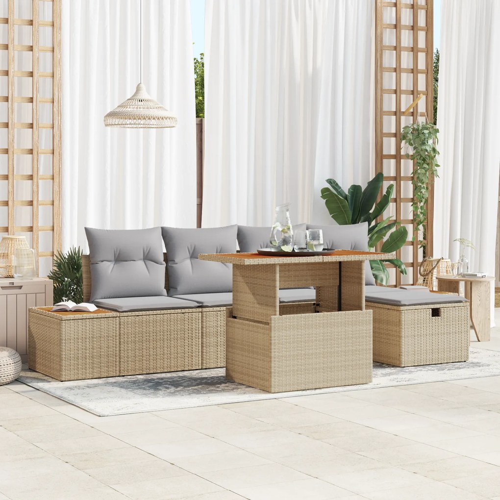 Conjunto de Sofá de Jardim com 6 Peças e Almofadas Bege Vime PE
