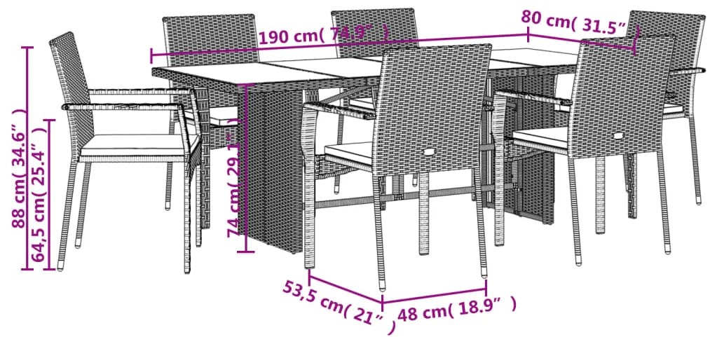 7 pcs conjunto de jantar p/ jardim c/ almofadões vime PE preto