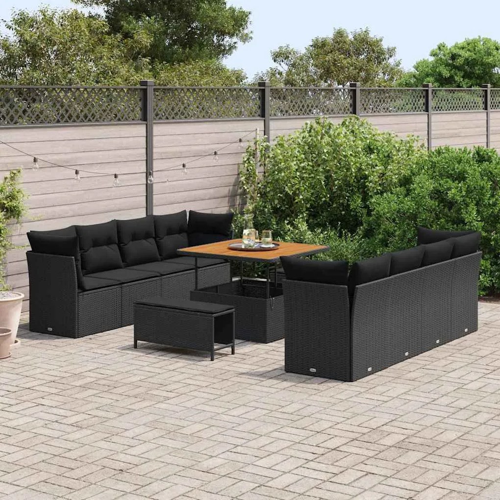 Conjunto de Sofá de Jardim vidaXL de 11 Peças com Almofadas Preto Ratt