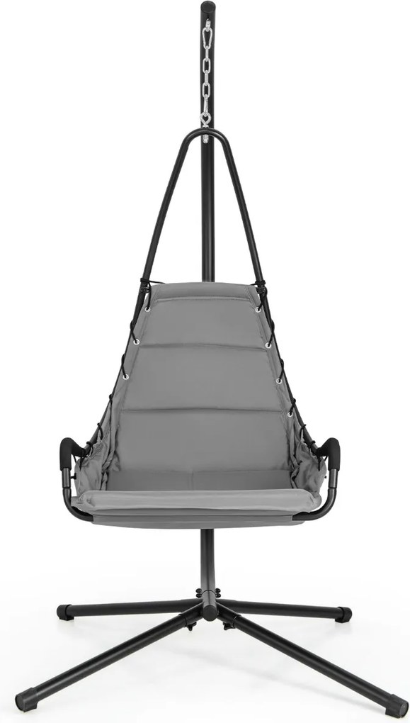 Cadeira suspensa jardim com apoio Assento almofadado Estrutura metálica robusta para varanda jardim Sala de estar 105 x 101 x 203 cm Cinzenta