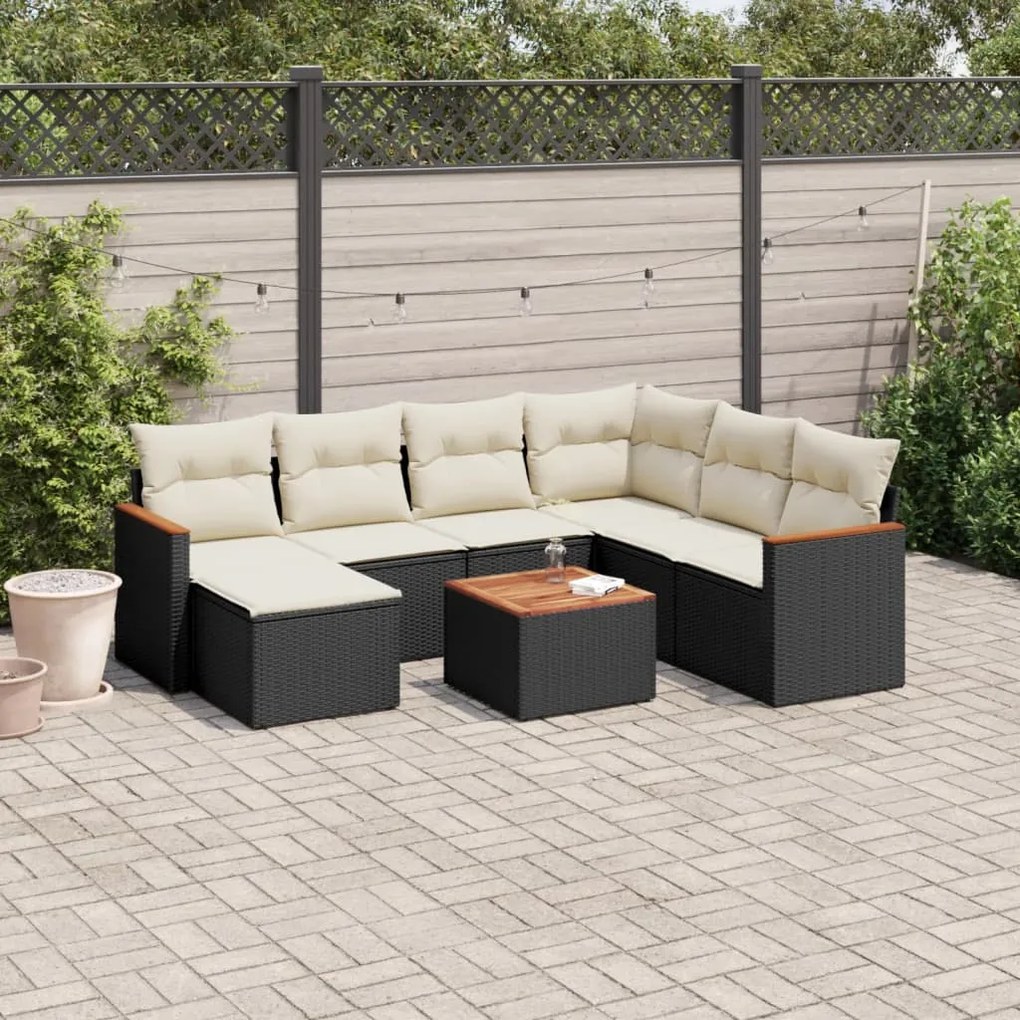 8 pcs conjunto sofás de jardim com almofadões vime PE preto