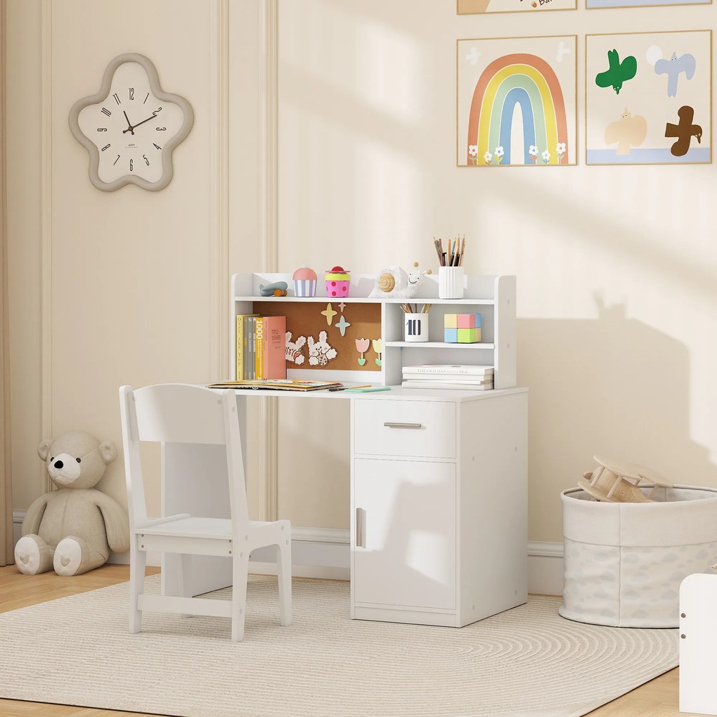 Secretária infantil com cadeira, mesa infantil com cadeira, gaveta, armário, compartimentos abertos, quadro de cortiça, branco