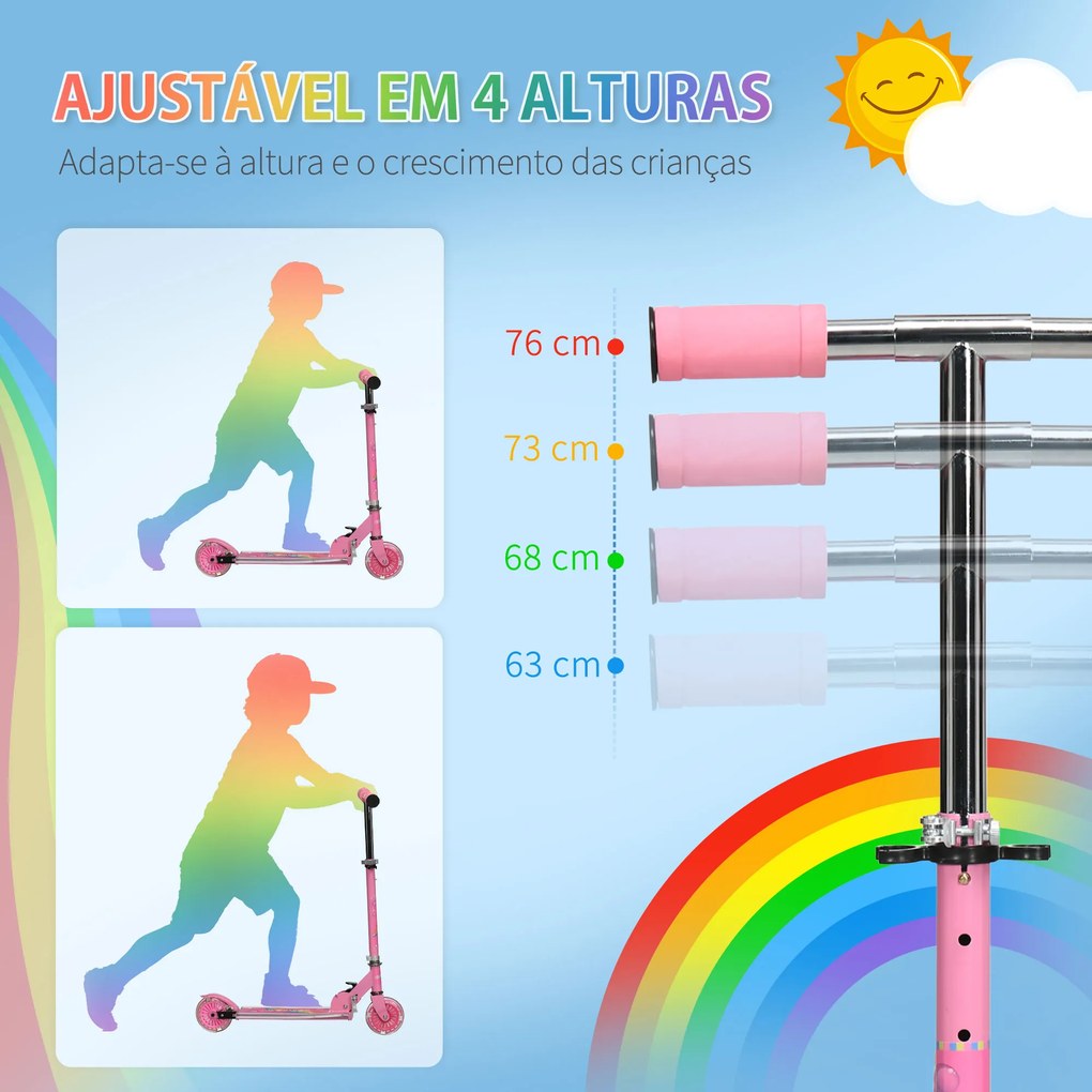 Trotinete para Crianças Dobrável com Luzes e Música 4 Alturas Ajustável Rodas Brilhantes e Pedal LED 67x32x65-78 cm Rosa