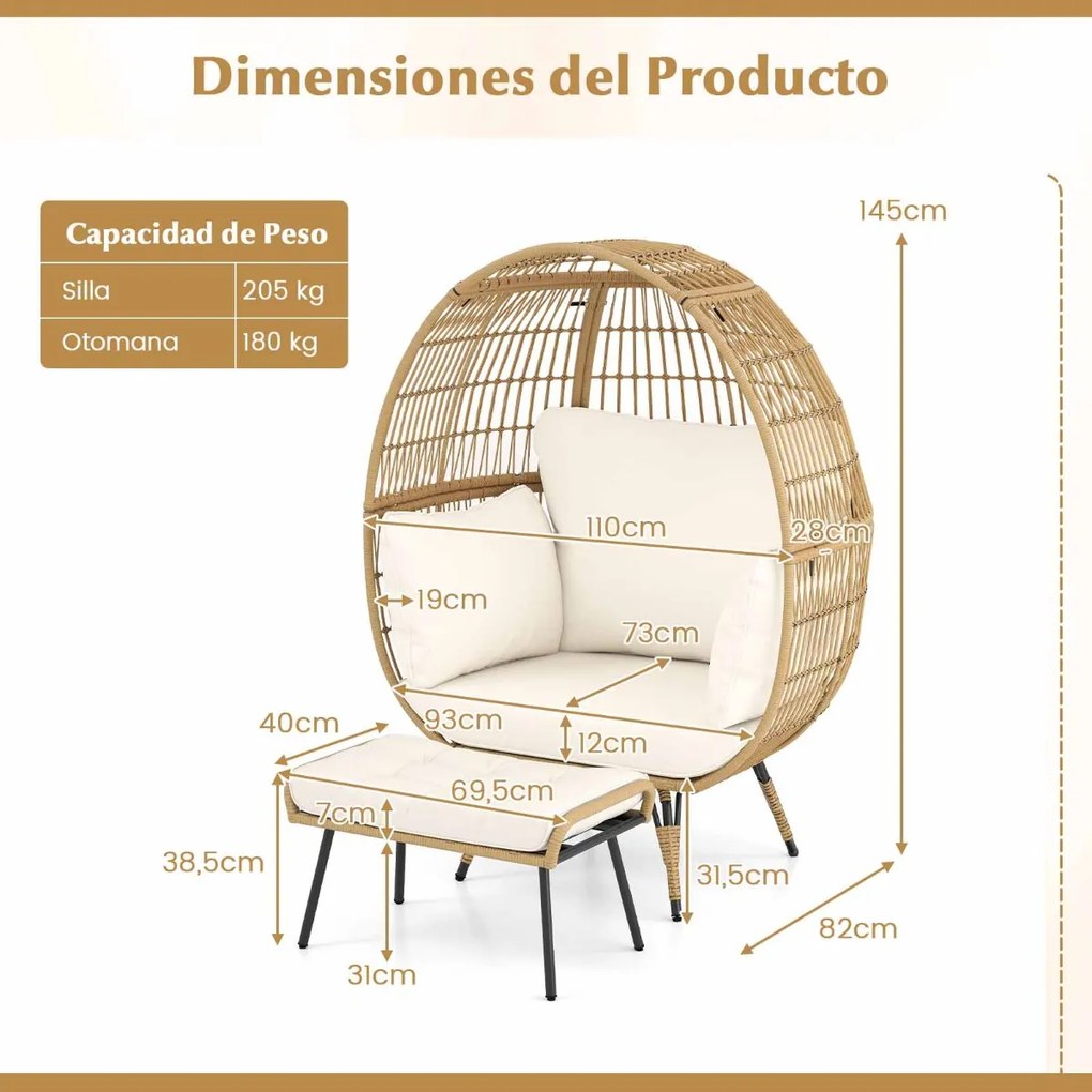 Cadeira Ovo Jardim com Pufe Conjunto de 2 peças de vime com almofadas macias e apoio para os pés Castanho claro