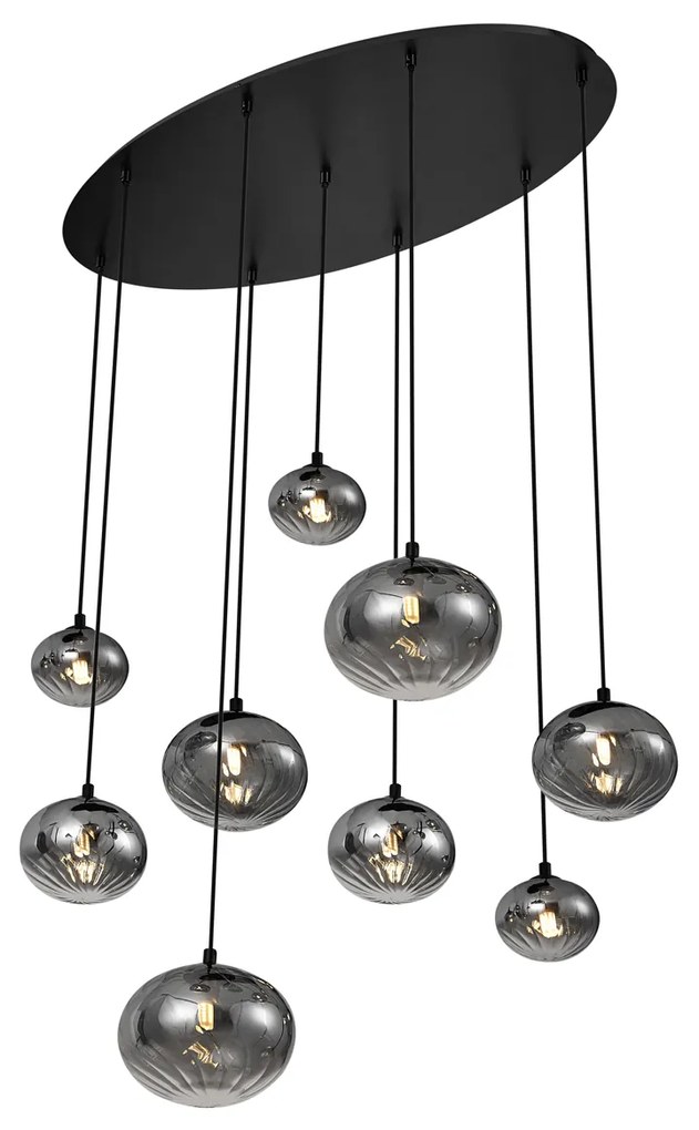 Candeeiro suspenso moderno preto com vidro fumado 9 luzes - Jia Moderno