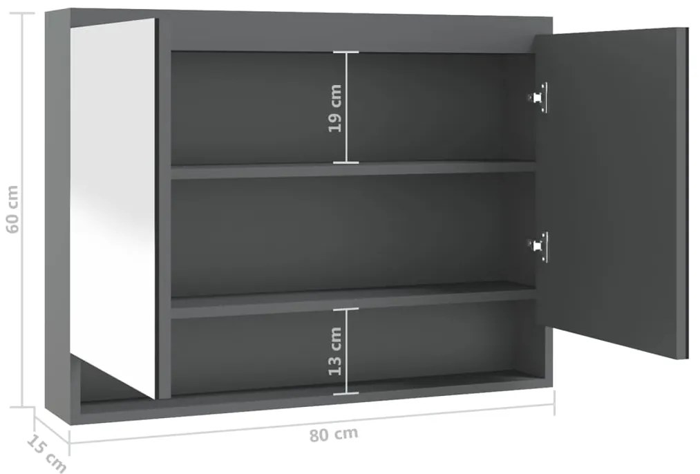Armário espelhado p/ casa banho 80x15x60cm MDF cinza brilhante
