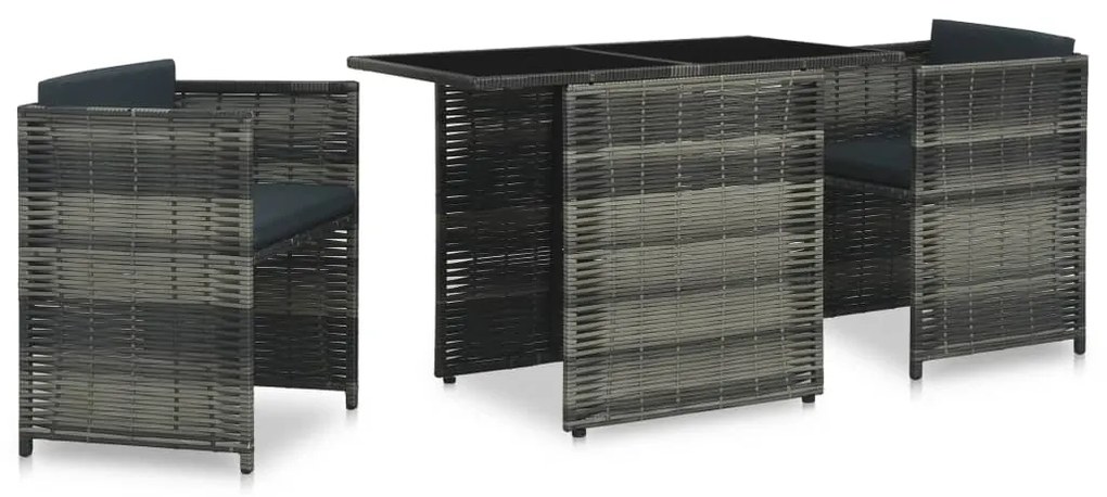 3 pcs conjunto bistrô com almofadões vime PE cinzento