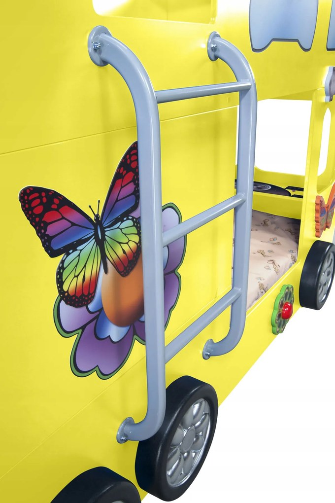 Cama para criança Beliche Autocarro 207 x 116 x 150 cm com Luzes LED 2 colchões e estrados incluídos, capacidade de 100 kg Amarelo