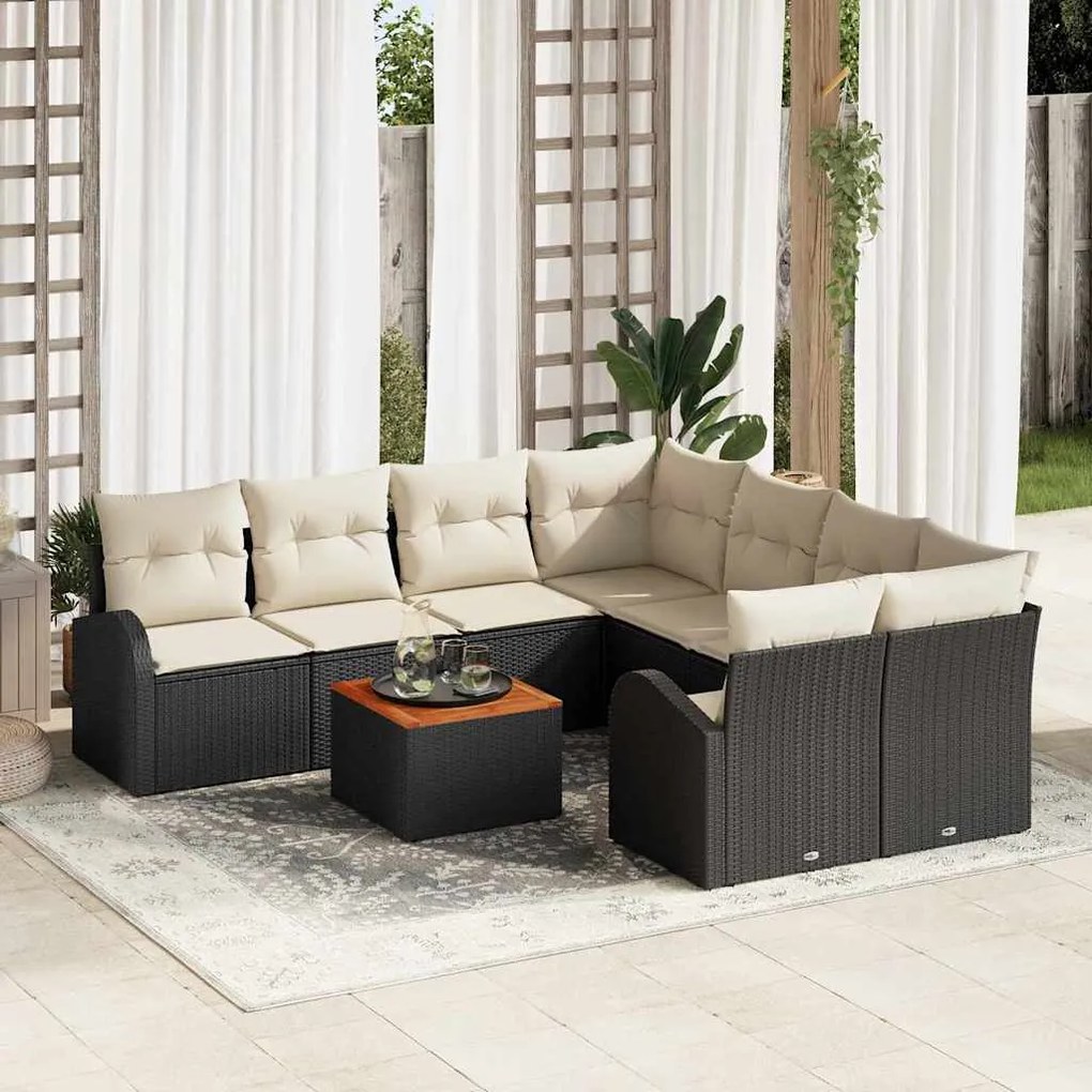 vidaXL Conjunto de Sofá de Jardim 9 pcs Preto e Creme vime PE