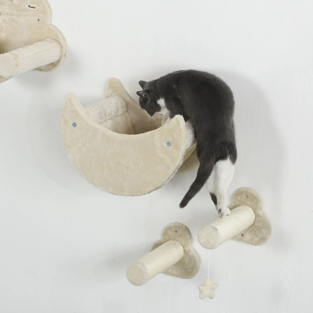 Conjunto de Prateleiras de Escalada para Gatos de 6 Peças com Rede Plataformas Escadas Tábua de Arranhar e Poste de Sisal Bege