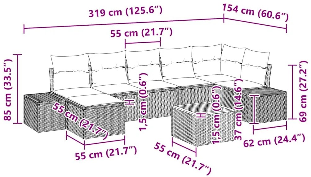 Conjunto de Sofá de Jardim de 8 Peças Preto de Rattan Sintético com Al