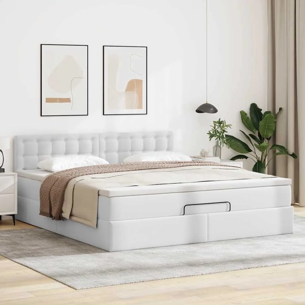 Estrutura de cama otomana com colchão branco couro falso