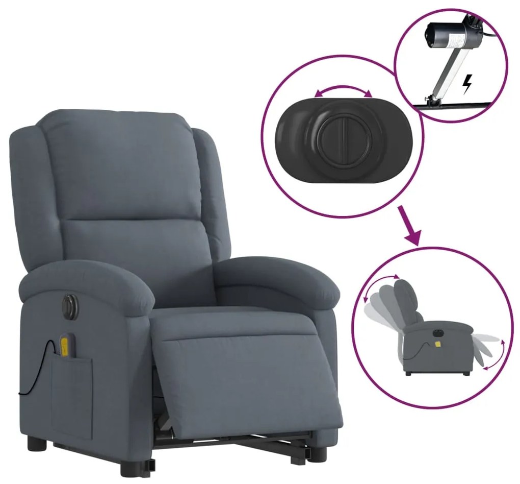 Poltrona massagens elevatória elétrica veludo cinzento-escuro