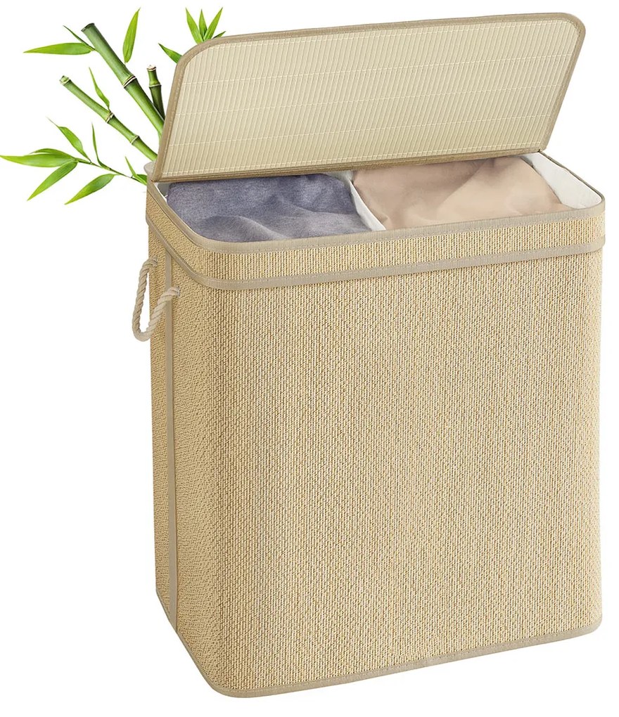 Cesto para roupa suja de 130 litros 67 x 44 x 61 cm em bambu com 2 compartimentos e tampa, cor natural