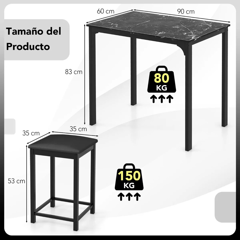 Conjunto de mesa de bar de 3 peças com 1 mesa e 2 bancos de bar estofados com apoio para os pés para sala de jantar, cozinha ou sala de estar, na cor