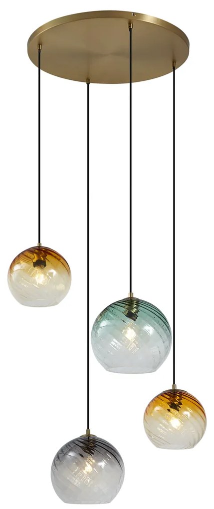 Candeeiro suspenso bronze com vidro fumado âmbar e verde redondo 4 luzes - Bao Art Deco