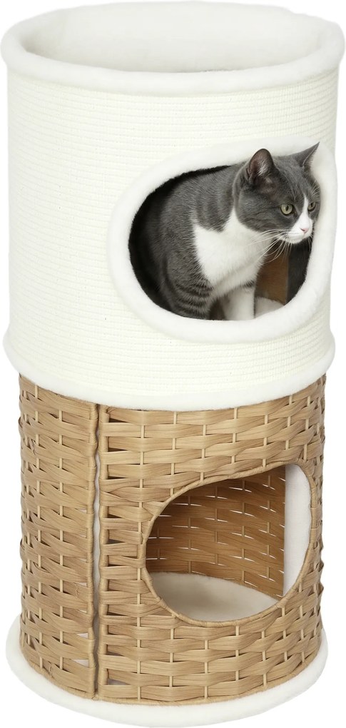 Compartimento aberto para gatos de interior com 3 níveis, torre para gatos com arranhador de sisal Ø 40 x 80 cm, creme
