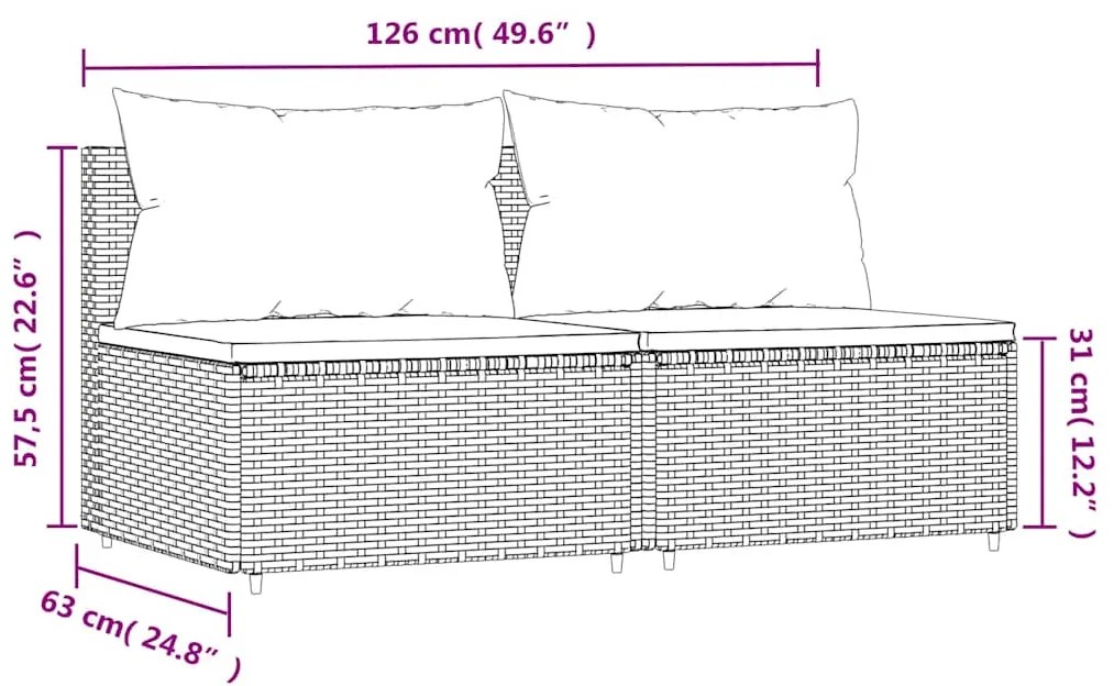 Sofás de centro p/ jardim c/ almofadões 2 pcs vime PE cinzento