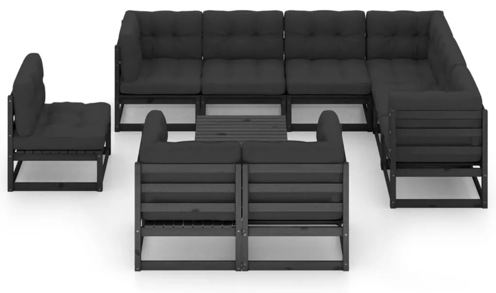 10 pcs conjunto lounge jardim c/ almofadões pinho maciço preto