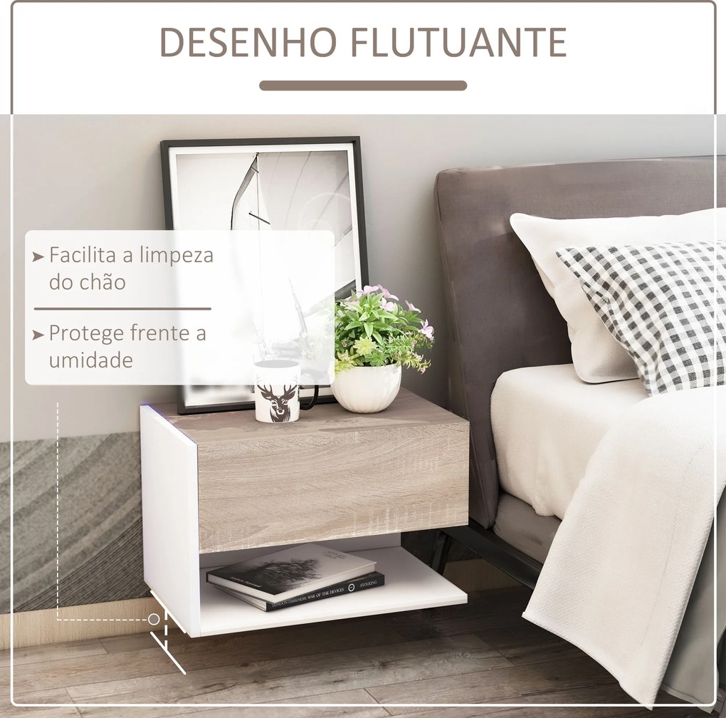 Conjunto de 2 Mesas de Cabeceira Flutuantes com 1 Gaveta e Prateleira Aberta 46x30x30 cm Carvalho e  Branco
