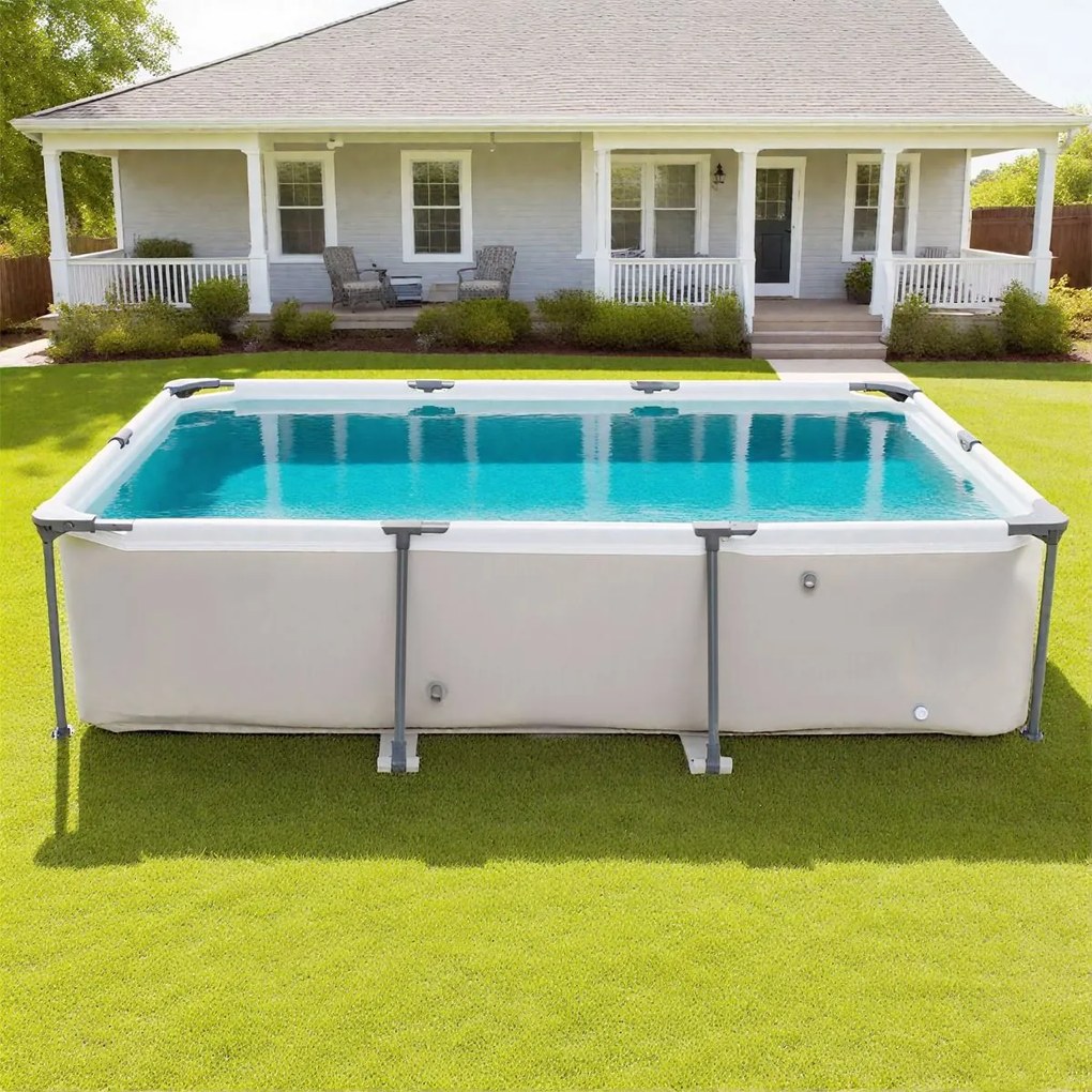 Piscina 300 cm x 207 cm x 66 cm Retangular com Bomba de Filtro Cartucho e Estrutura para Crianças e Adultos Cinza