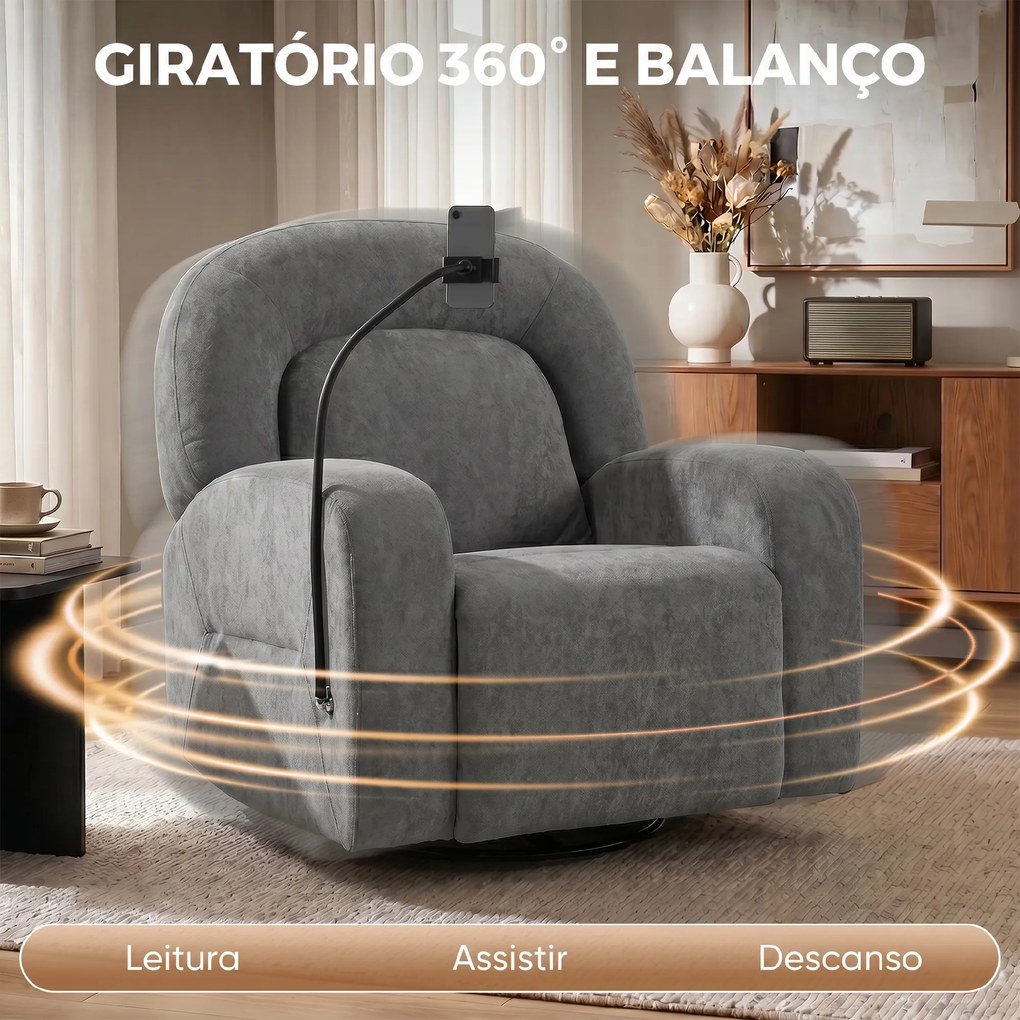 Poltrona Relax Reclinável 3 em 1 com Função de Baloiço Rotação 360° Suporte para Telemóvel Assento Amplo Cinzento