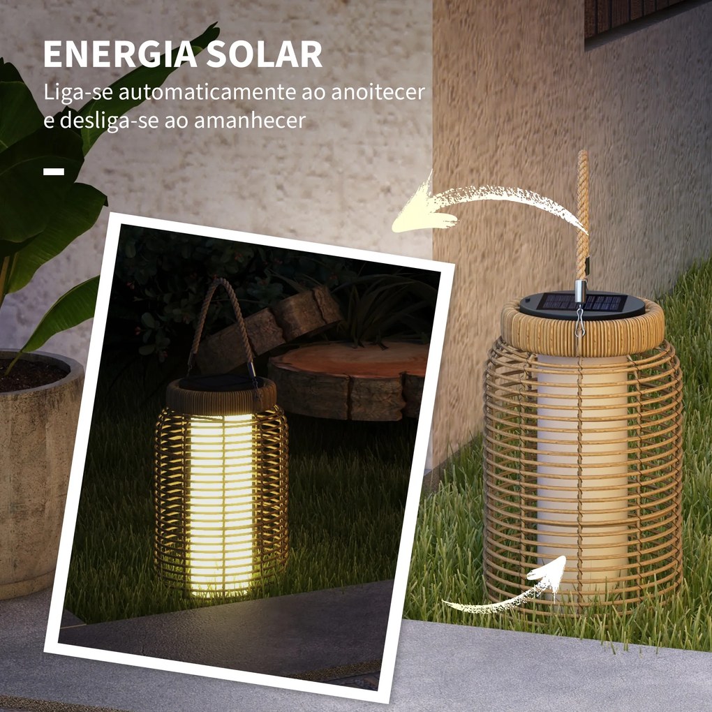 Candeeiro de Vime Jardim Candeeiro Solar com Painel Solar Luzes LED Ligar e Desligar Automático Ø18x37 cm Preto e Areia