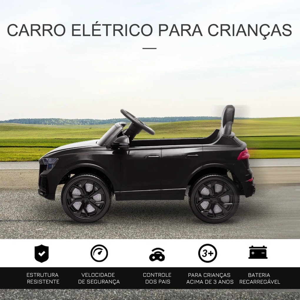 Carro Elétrico Infantil acima de 3 anos Licença Audi RS Q8 com Bateria 6V Controle a Distância Música MP3 Buzina e Luzes Velocidade Máx. 3km/h 101x62x