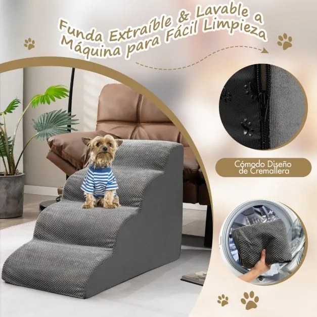 Escada de espuma de 4 níveis para cães com cobertura lavável com fecho de correr para sofás-cama altos 72 x 41 x 51 cm Cinzento