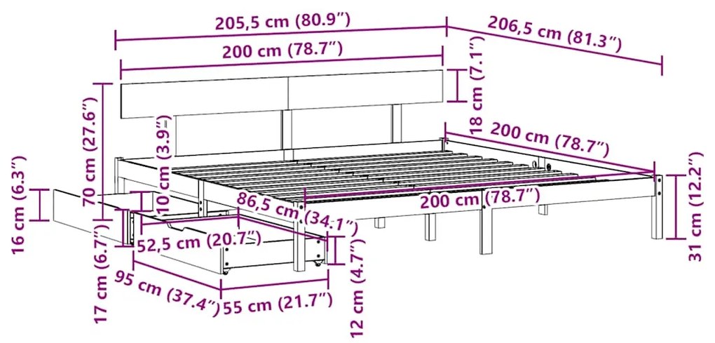 Cama sem colchão 200x200 cm madeira de pinho maciça