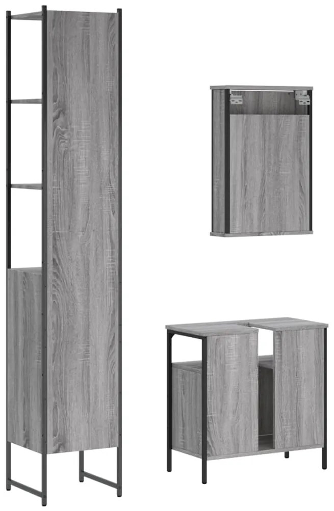 3 pcs Conjunto móveis casa de banho madeira proc. cinza sonoma