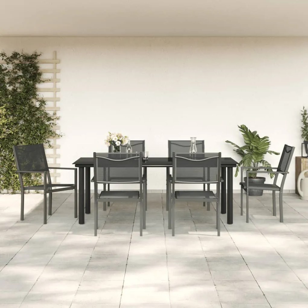 7 pcs conjunto de jantar para jardim aço e textilene preto
