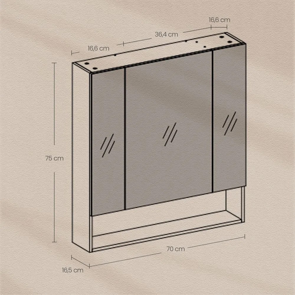Armário de casa de banho com 3 portas com espelho 16,5 x 70 x 75 cm Branco