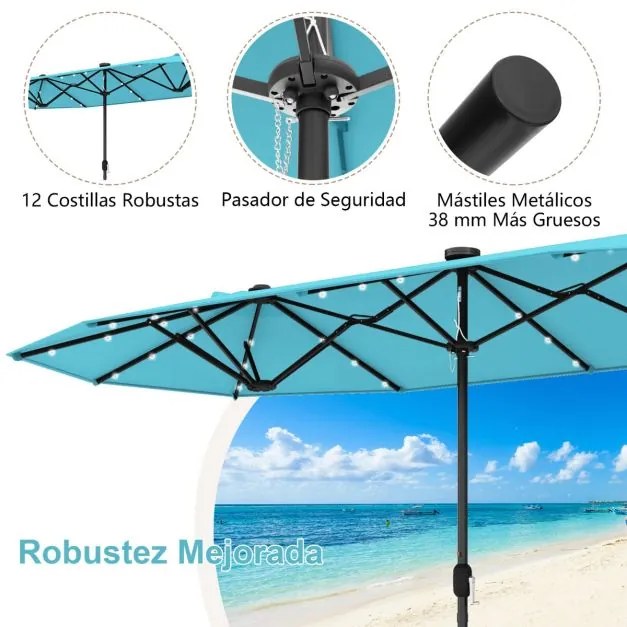Guarda-sol jardim Duplo 4 x 2 m com Luzes Solares com base e Manivela Turquesa