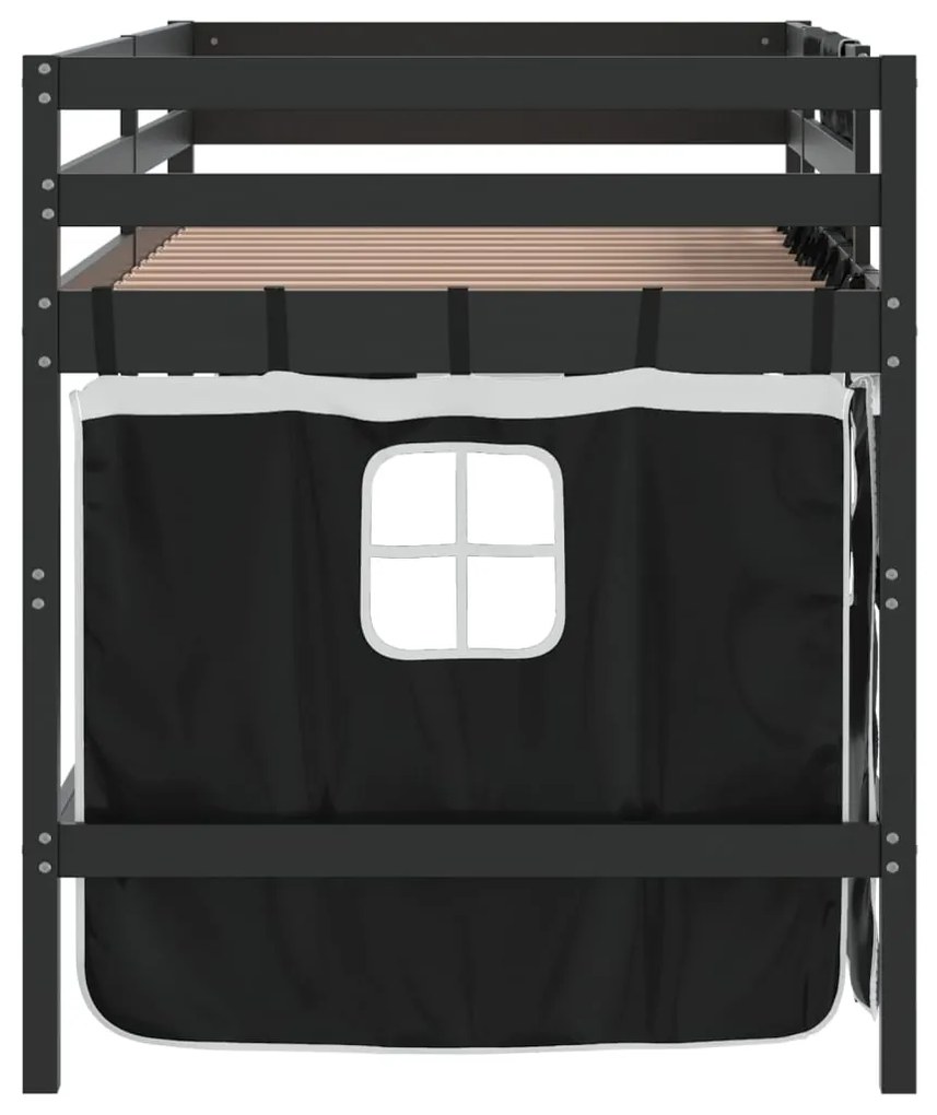 Cama alta criança c/ cortina 90x200cm pinho maciço branco/preto