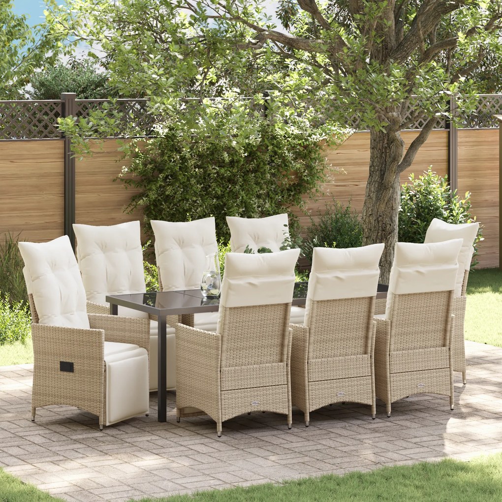 vidaXL Conjunto de Jantar de Jardim com 9 Peças com Almofadas Bege Rattan Sintético