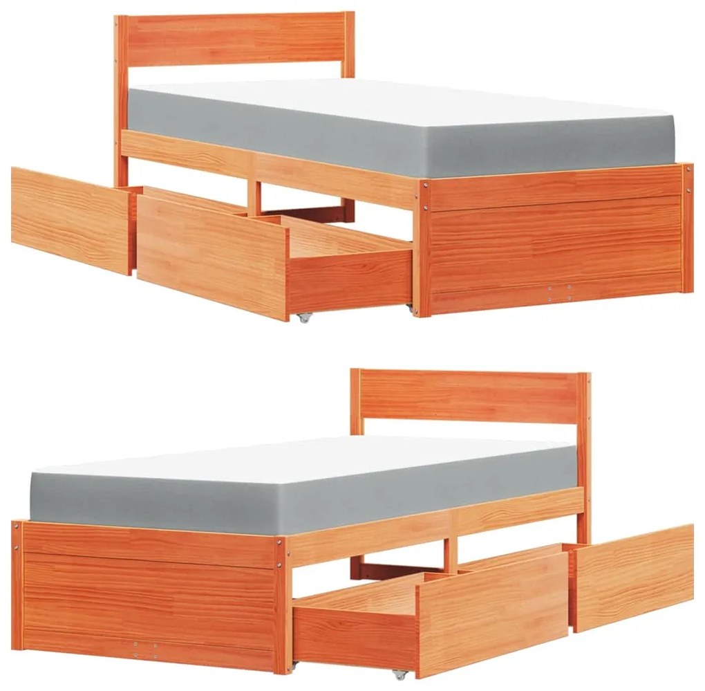 Cama com gavetas e colchão 90x200 cm pinho maciço castanho-mel