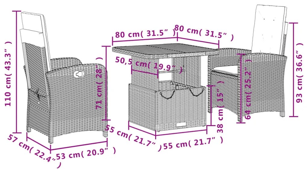 3 pcs conjunto de jantar p/ jardim com almofadões vime PE bege