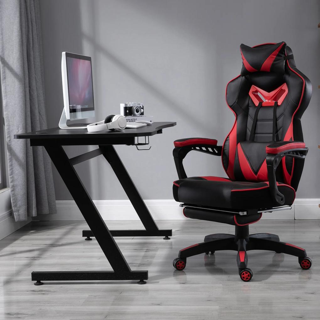 HOMCOM Secretária tipo gaming mesa de escritório com suporte para copos gancho e pés ajustáveis ​​120x65x74,5 cm preto
