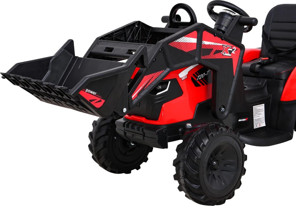 Trator elétrico para Crianças 12V 4x4 720-T Com Reboque Rodas EVA, Assento de couro Vermelho