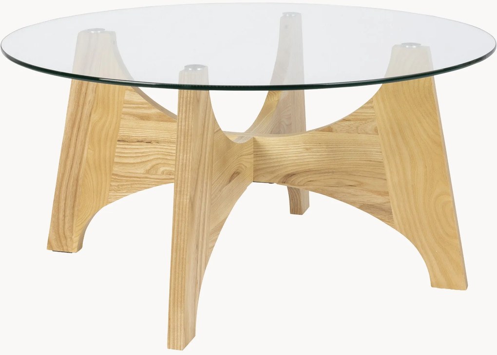 Mesa de centro redonda em madeira de freixo com tampo de vidro Kobe