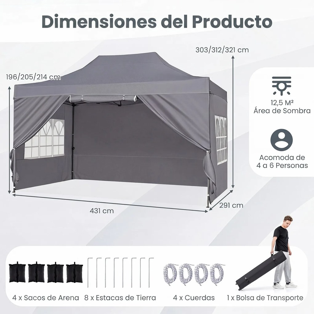 Tenda dobrável 431 x 291 cm, pop-up com 4 paredes amovíveis, altura ajustável, 4 x Sacos de areia, saco de transporte, rodas, impermeável, para pátio,