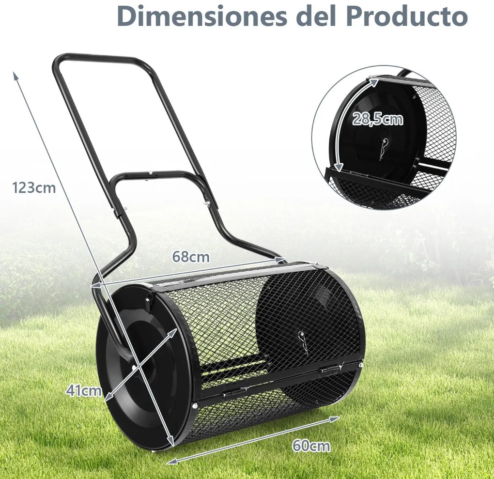 Rolo Espalhador de jardim metálico com trincos laterais melhorados e pega em forma de U para relvados de jardim 68 x 41 x 123 cm Preto