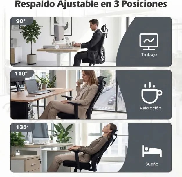 Cadeira ergonómica de escritório com apoio de cabeça ajustável e apoio lombar giratório e reclinável para casa, escritório Preto